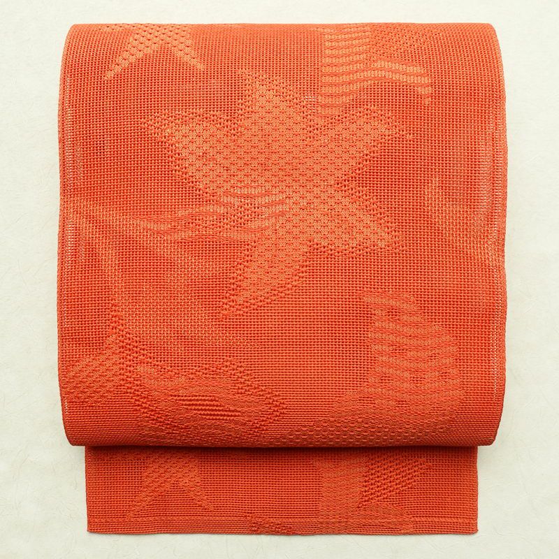 絽 名古屋帯 全通柄 良品 夏用 正絹 花柄 名古屋仕立て 赤・朱 | 全通  