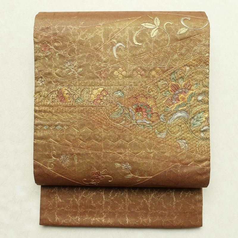 袋帯 太鼓柄 スワトウ刺繍 フォーマル用 正絹 花柄 黄・黄土色 | 太鼓  