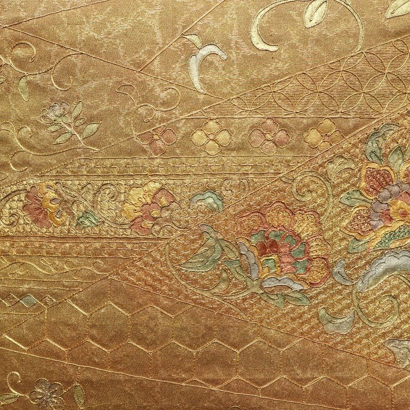 袋帯 太鼓柄 スワトウ刺繍 フォーマル用 正絹 花柄 黄・黄土色_画像2