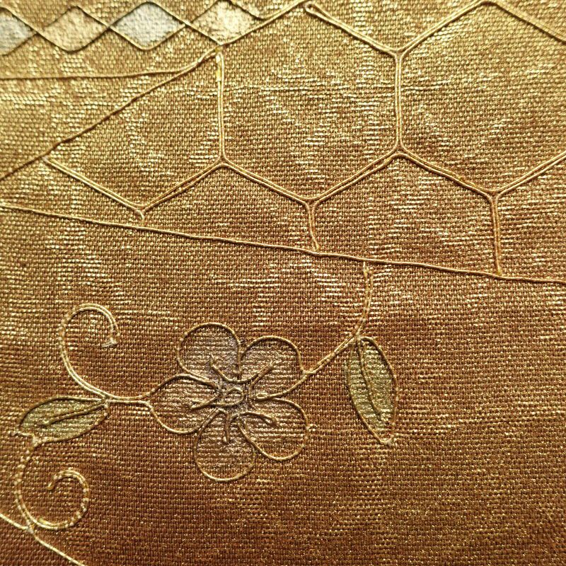 袋帯 太鼓柄 スワトウ刺繍 フォーマル用 正絹 花柄 黄・黄土色_画像6
