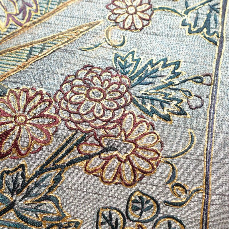 袋帯 太鼓柄 一般用 正絹 木の葉・植物柄 箔 刺繍 グレー_画像3