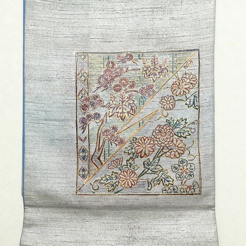 袋帯 太鼓柄 一般用 正絹 木の葉・植物柄 箔 刺繍 グレー_画像8