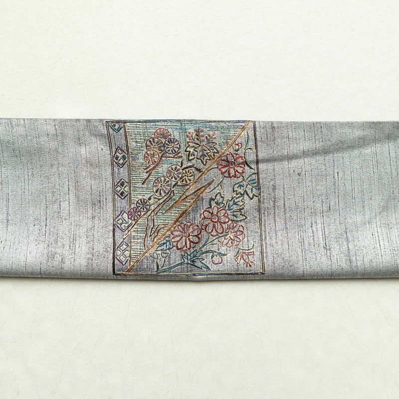 袋帯 太鼓柄 一般用 正絹 木の葉・植物柄 箔 刺繍 グレー_画像15