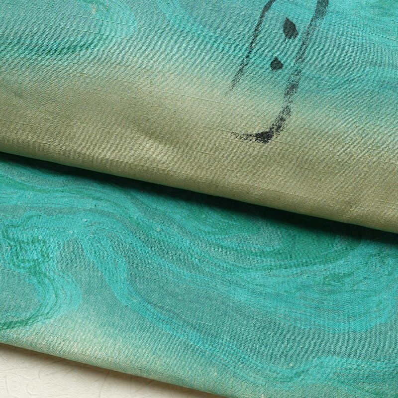 袋帯 太鼓柄 落款入り 良品 紬地 松潭月色涼 一般用 正絹 流水・波柄 緑・うぐいす色_画像7