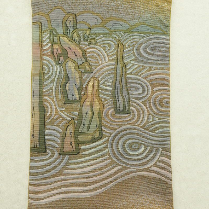 袋帯 太鼓柄 良品 落款入り 一般用 正絹 風景柄 箔 黄・黄土色_画像9