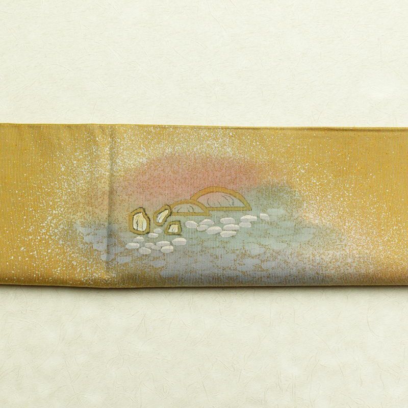 袋帯 太鼓柄 良品 落款入り 一般用 正絹 風景柄 箔 黄・黄土色_画像15