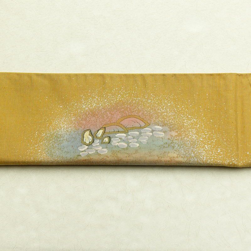 袋帯 太鼓柄 良品 落款入り 一般用 正絹 風景柄 箔 黄・黄土色_画像16
