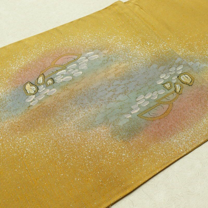 袋帯 太鼓柄 良品 落款入り 一般用 正絹 風景柄 箔 黄・黄土色_画像17
