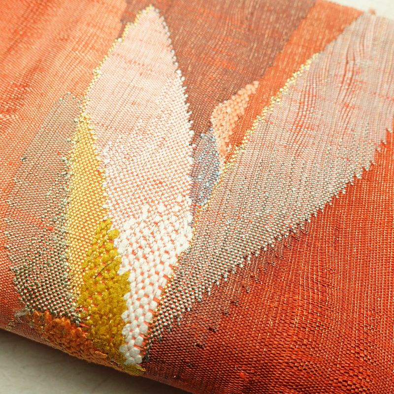 袋帯 未仕立て品 手織 西陣織 花流麗雅文 太鼓柄 良品 証紙あり 一般用 正絹 幾何学柄・抽象柄 橙_画像13