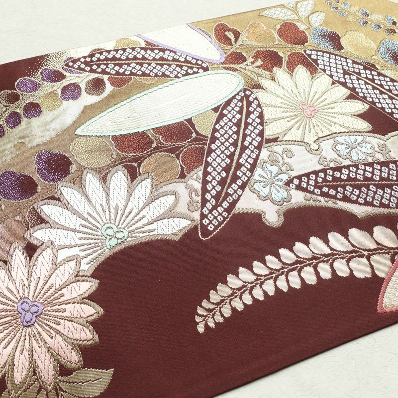 袋帯 未仕立て品 六通柄 良品 証紙あり 振袖用 正絹 木の葉・植物柄 小豆・エンジ_画像13