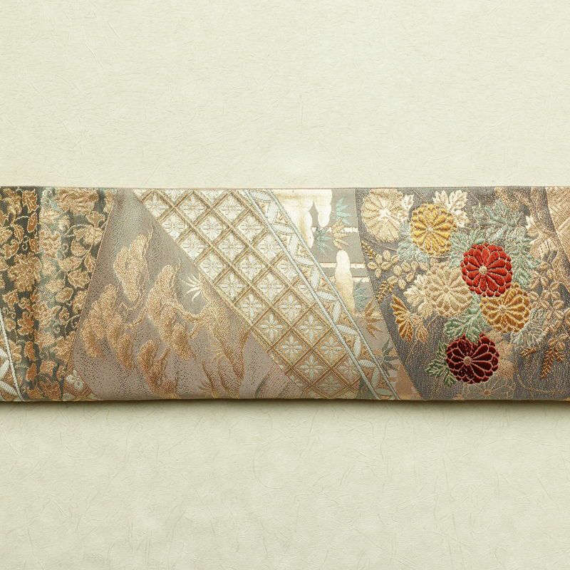 袋帯 六通柄 フォーマル用 正絹 古典柄 菊 刺繍 小豆・エンジ_画像14