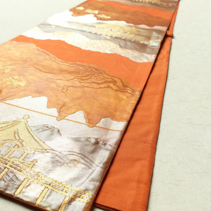 袋帯 六通柄 フォーマル用 正絹 風景柄 箔 橙_画像9