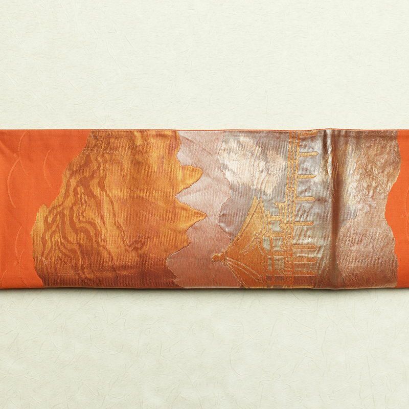 袋帯 六通柄 フォーマル用 正絹 風景柄 箔 橙_画像15