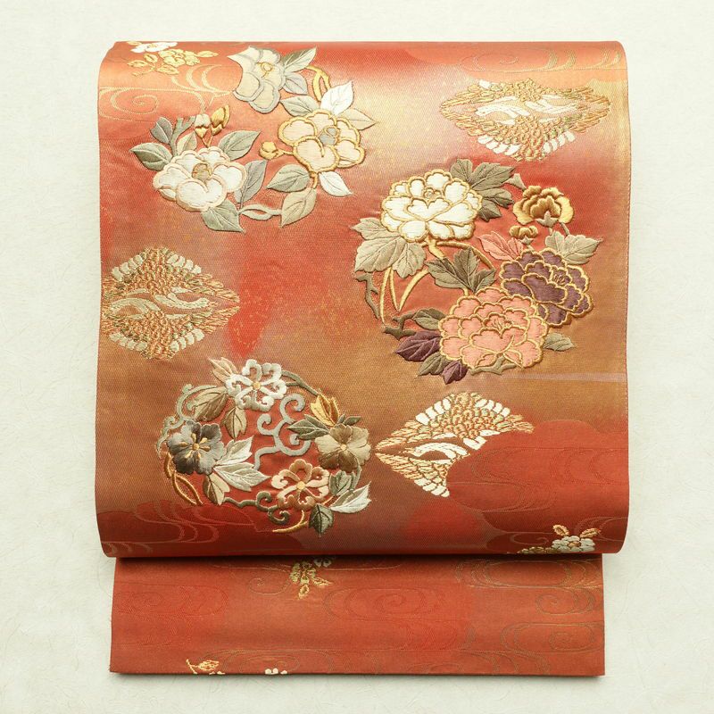 袋帯 六通柄 良品 フォーマル用 正絹 刺繍 花柄 古典柄 橙_画像1
