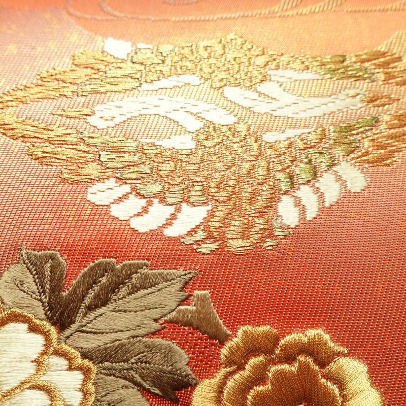 袋帯 六通柄 良品 フォーマル用 正絹 刺繍 花柄 古典柄 橙_画像4