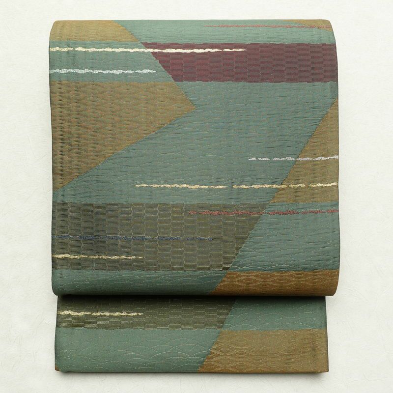 袋帯 六通柄 良品 一般用 正絹 縞柄・線柄 緑・うぐいす色_画像1