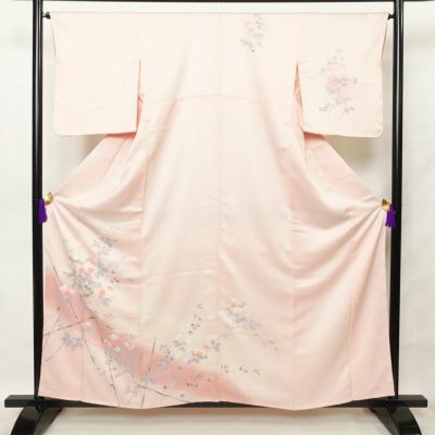 付け下げ しつけ糸付き 正絹 花柄 袷仕立て 身丈158.5cm 裄丈65.5cm 附下 着物 ピンク