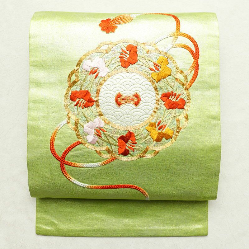名古屋帯 太鼓柄 金駒刺繍 正絹 古典柄 名古屋仕立て 刺繍 緑・うぐいす色 太鼓柄 古着着物、リサイクル着物、アンティーク着物の錦屋