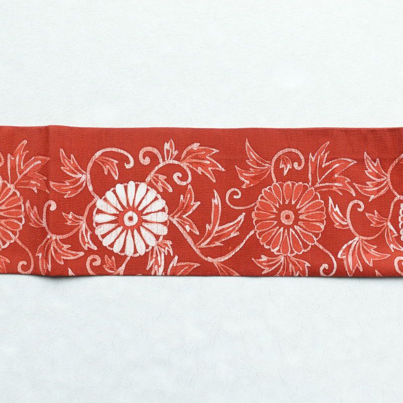 名古屋帯 太鼓柄 良品 縮緬 しつけ糸付き 正絹 花柄 名古屋仕立て 赤・朱_画像12