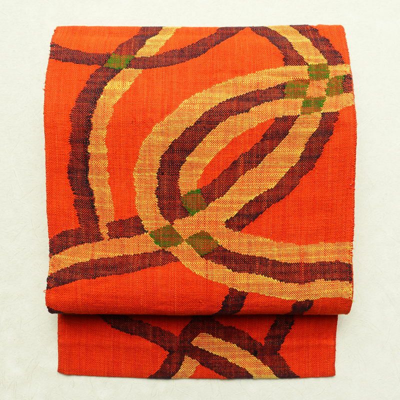 名古屋帯 六通柄 正絹 幾何学柄・抽象柄 松葉仕立て 橙_画像1