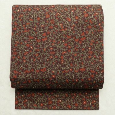 名古屋帯 全通柄 美品 綿 花柄 名古屋仕立て 小豆・エンジ