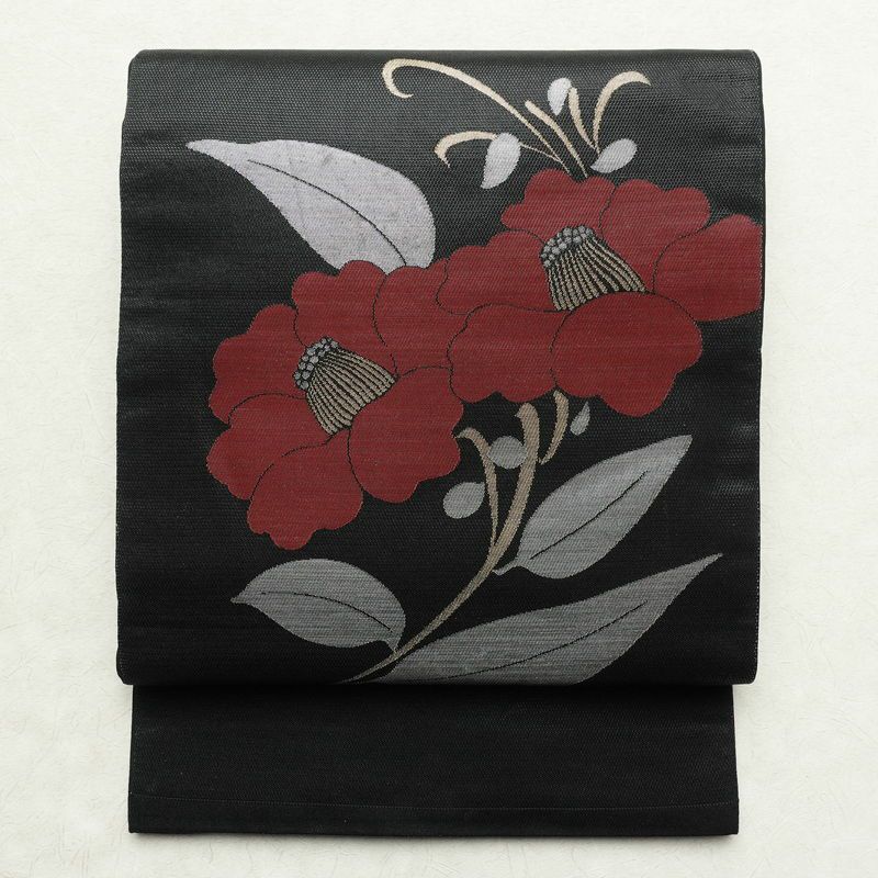 袋帯 六通柄 一般用 正絹 花柄 黒_画像1
