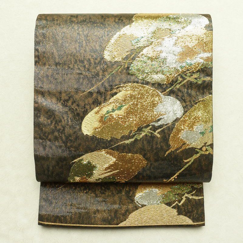 袋帯 六通柄 正絹 木の葉・植物柄 箔 金糸 銀糸 黄・黄土色_画像1