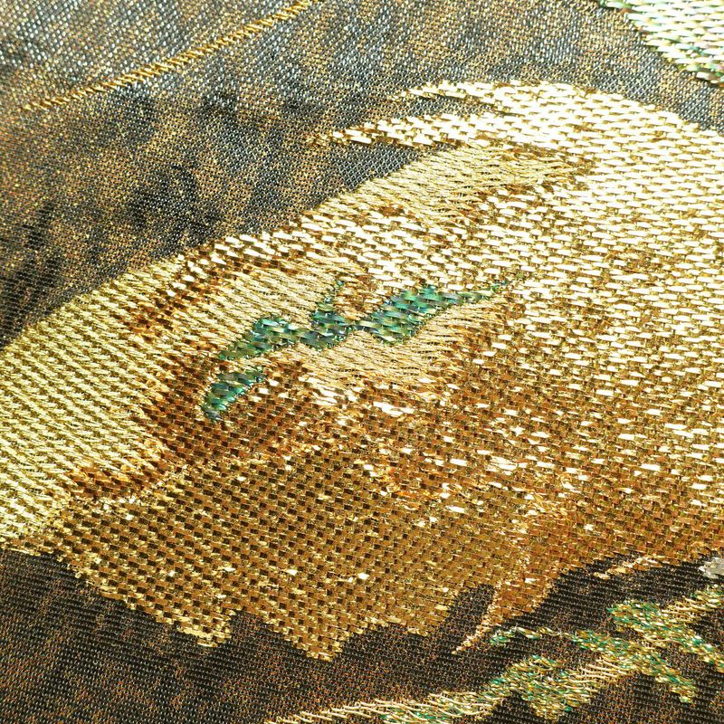 袋帯 六通柄 正絹 木の葉・植物柄 箔 金糸 銀糸 黄・黄土色_画像3