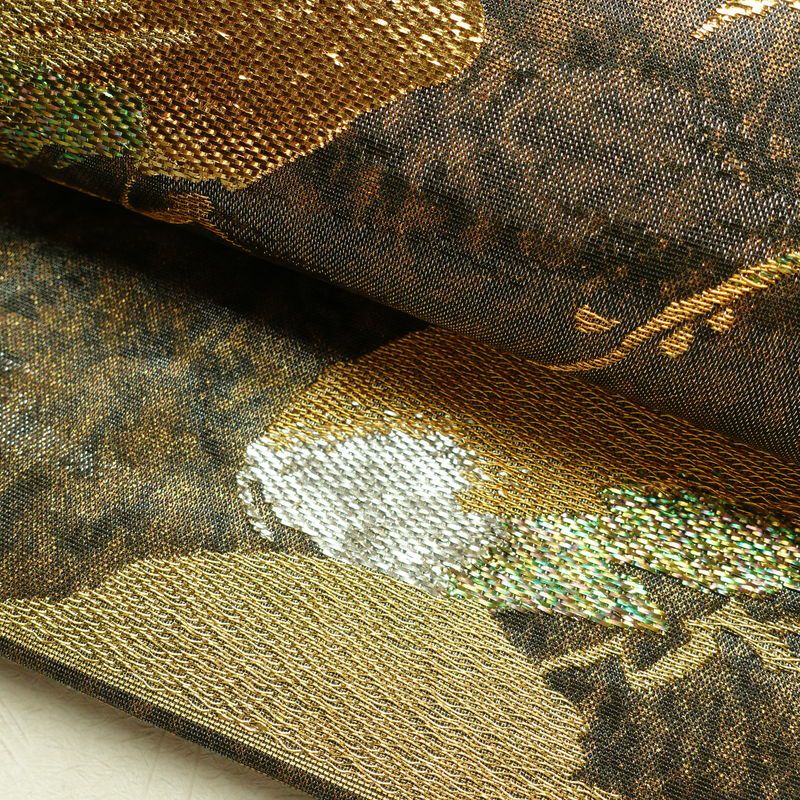 袋帯 六通柄 正絹 木の葉・植物柄 箔 金糸 銀糸 黄・黄土色_画像8