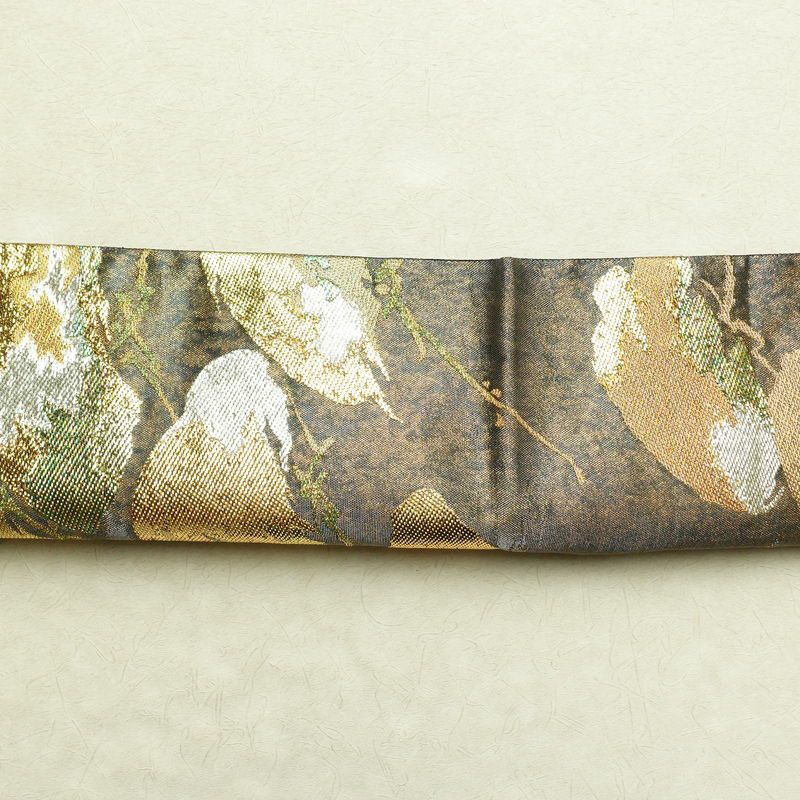 袋帯 六通柄 正絹 木の葉・植物柄 箔 金糸 銀糸 黄・黄土色_画像17