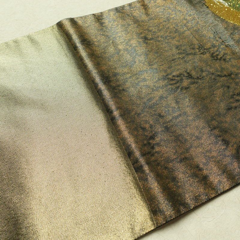 袋帯 六通柄 正絹 木の葉・植物柄 箔 金糸 銀糸 黄・黄土色_画像18