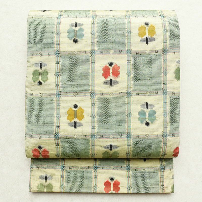 袋帯 全通柄 一般用 正絹 花柄 緑・うぐいす色_画像1