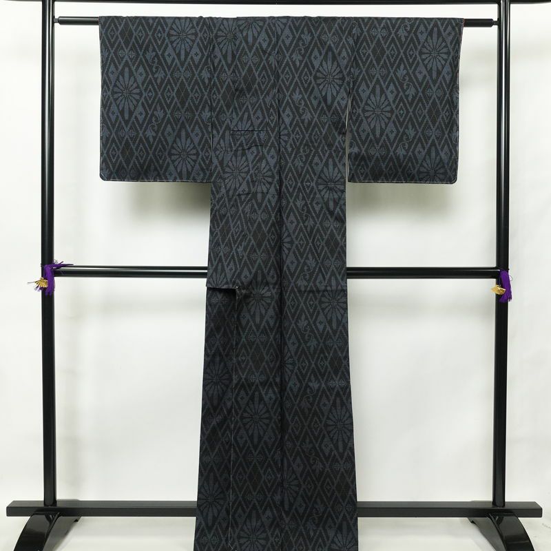 紬 しつけ糸付き 正絹 幾何学柄・抽象柄 袷仕立て 身丈164.5cm 裄丈66.5cm 紬着物 青・紺_画像2