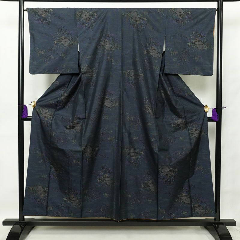 紬 正絹 風景柄 袷仕立て 身丈154.5cm 裄丈67cm 紬着物 青・紺_画像1