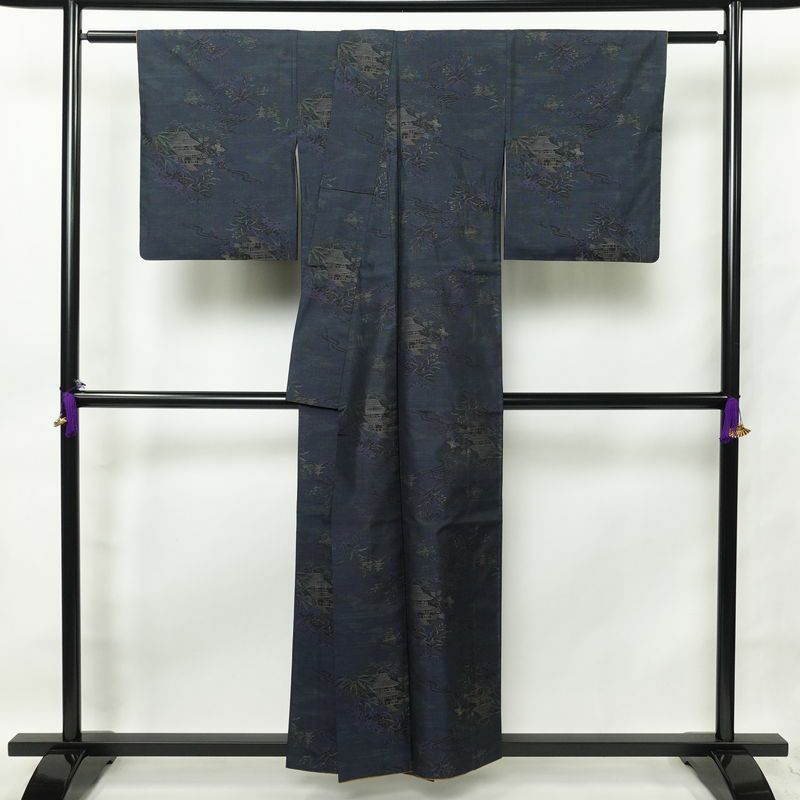 紬 正絹 風景柄 袷仕立て 身丈154.5cm 裄丈67cm 紬着物 青・紺_画像2