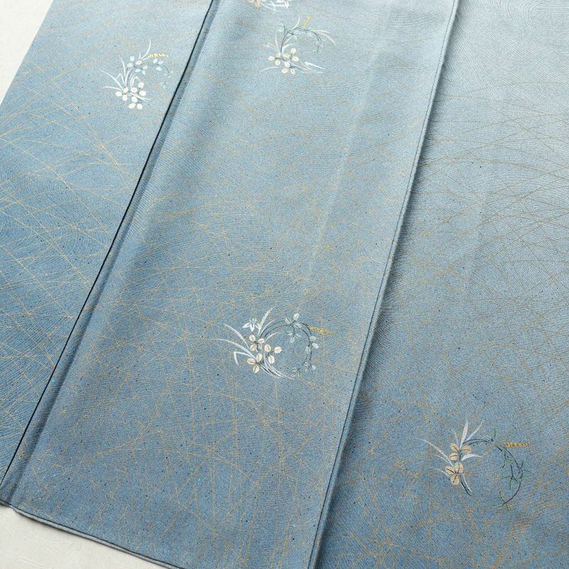 訪問着 正絹 木の葉・植物柄 袷仕立て 身丈154.5cm 裄丈63cm 箔 金彩 フォーマル 着物 青・紺_画像4