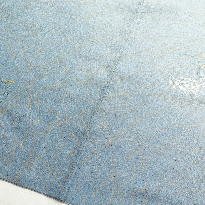 訪問着 正絹 木の葉・植物柄 袷仕立て 身丈154.5cm 裄丈63cm 箔 金彩 フォーマル 着物 青・紺_画像10