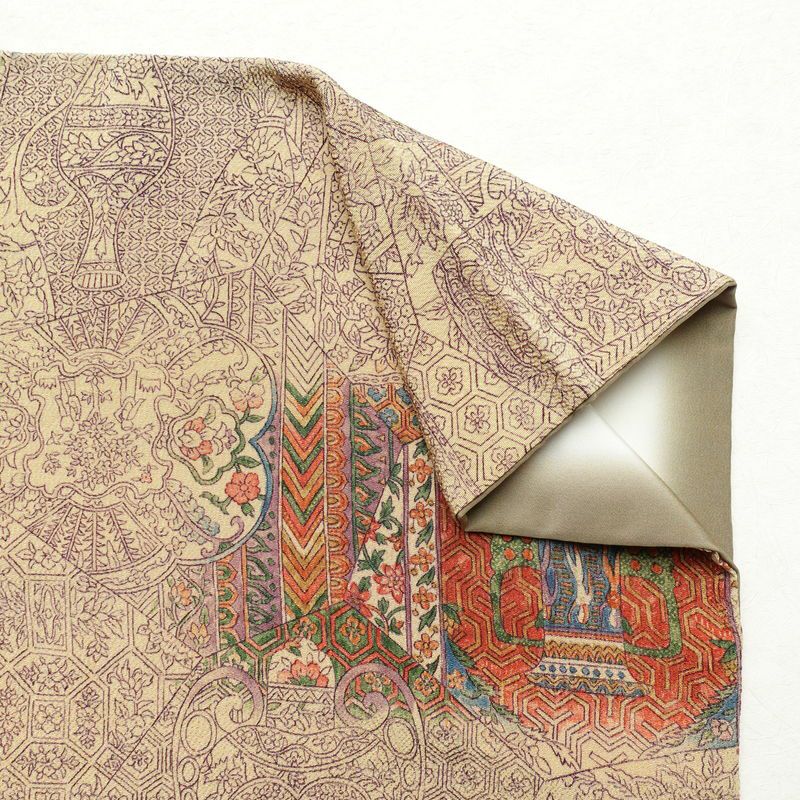 小紋 縮緬 正絹 幾何学柄・抽象柄 袷仕立て 身丈159.5cm 裄丈64cm 小紋着物 ベージュ_画像11