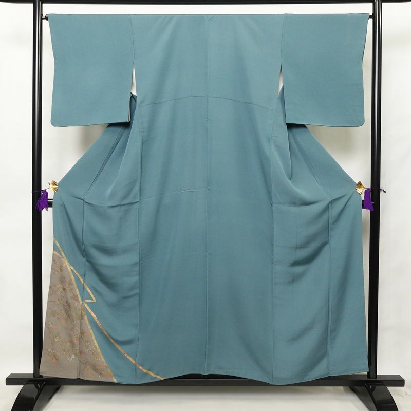 付け下げ 正絹 木の葉・植物柄 袷仕立て 身丈155.5cm 裄丈66cm 箔 共八掛 附下 着物 青・紺_画像1