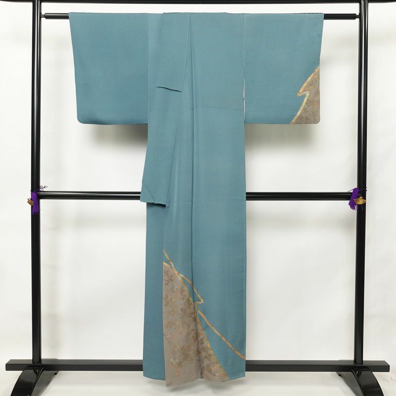 付け下げ 正絹 木の葉・植物柄 袷仕立て 身丈155.5cm 裄丈66cm 箔 共八掛 附下 着物 青・紺_画像2