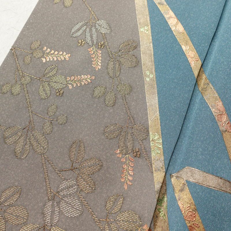 付け下げ 正絹 木の葉・植物柄 袷仕立て 身丈155.5cm 裄丈66cm 箔 共八掛 附下 着物 青・紺_画像6