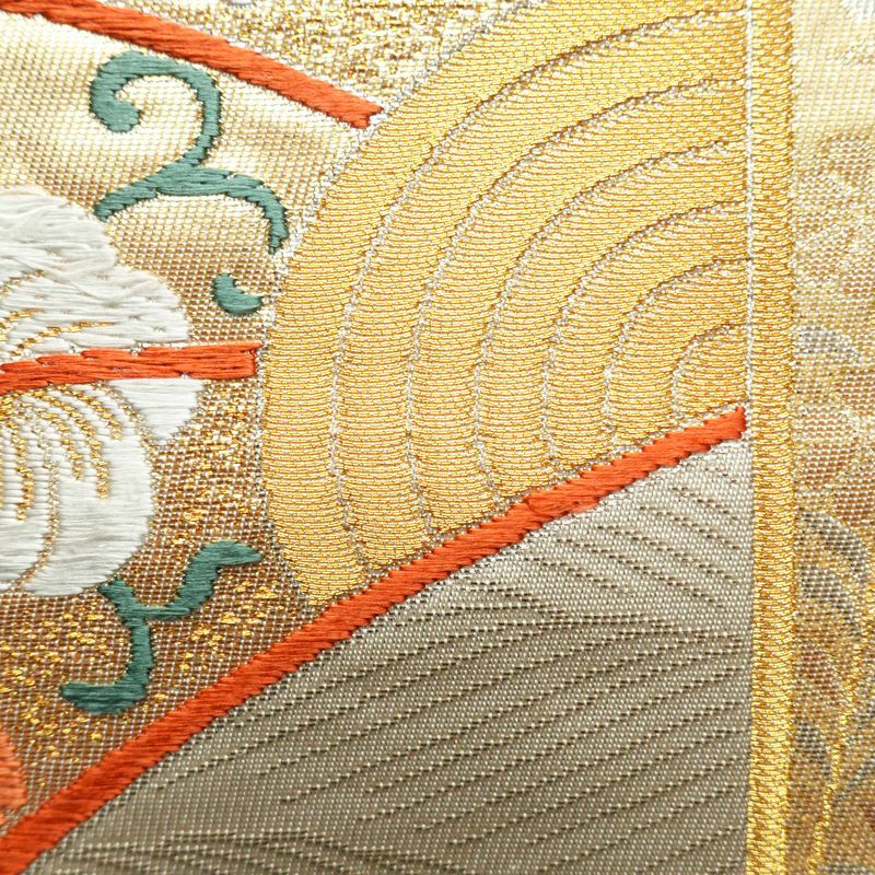 袋帯 六通柄 フォーマル用 正絹 古典柄 箔 菊 波 クリーム_画像4