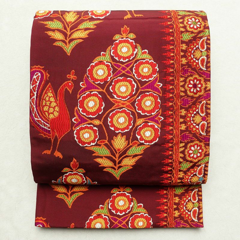 正絹 袋帯 橙色地 金模様 古典柄 填