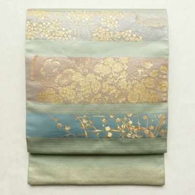 袋帯 太鼓柄 フォーマル用 正絹 古典柄 金糸 緑・うぐいす色