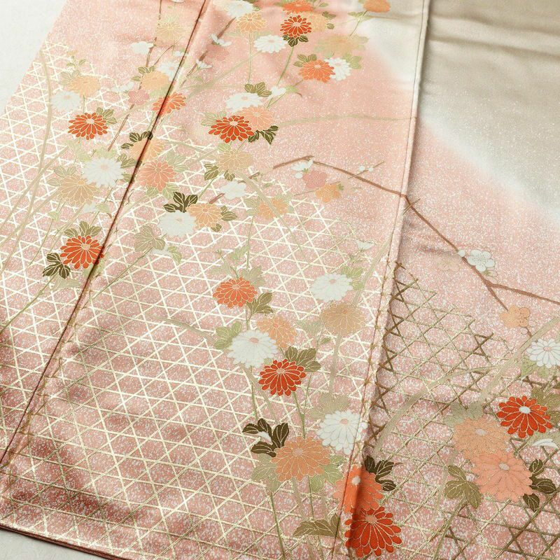 訪問着 正絹 花柄 袷仕立て 身丈164.5cm 裄丈66.5cm 箔 金彩 フォーマル 着物 ベージュ_画像4