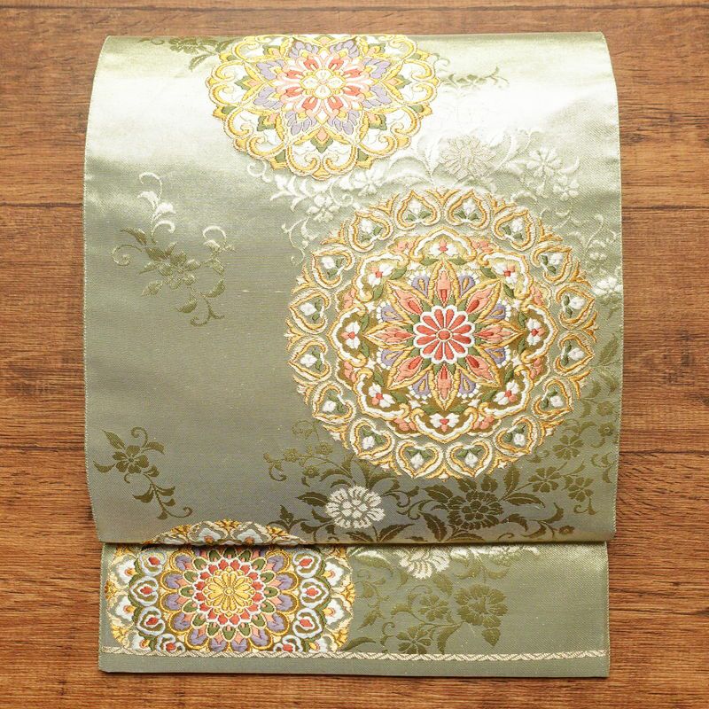 袋帯 六通柄 フォーマル用 正絹 幾何学柄・抽象柄 箔 緑・うぐいす色