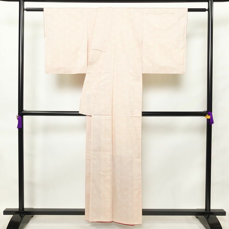 紬 正絹 麻の葉柄 袷仕立て 身丈157cm 裄丈63.5cm 紬着物 クリーム_画像2