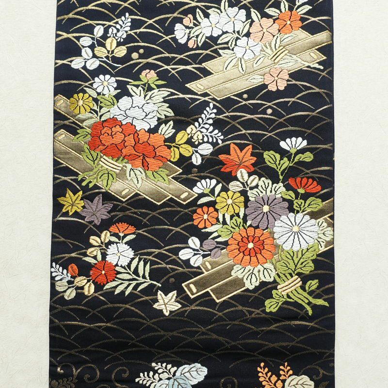 袋帯 六通柄 フォーマル用 正絹 古典柄 菊 刺繍 青・紺_画像10