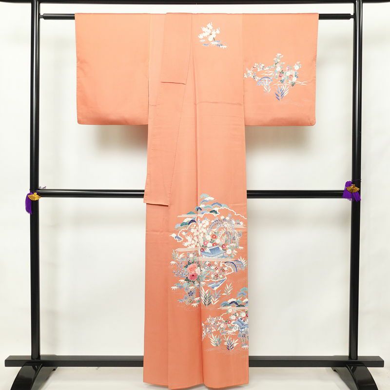 付け下げ 正絹 古典柄 袷仕立て 身丈159.5cm 裄丈64.5cm 着物 刺繍 橙_画像2