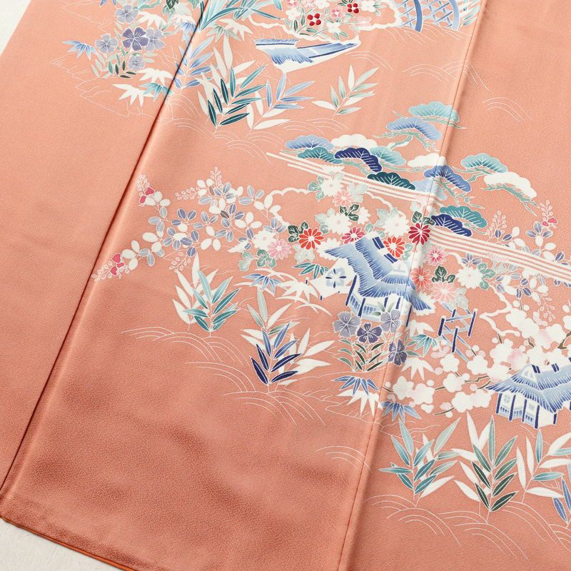 付け下げ 正絹 古典柄 袷仕立て 身丈159.5cm 裄丈64.5cm 着物 刺繍 橙_画像4